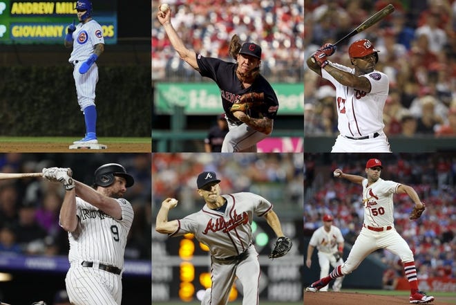 Clockwise from top left: Javy Baez (Arlington Country Day), Mike Clevinger (Wolfson), Howie Kendrick (West Nassau), Adam Wainwright (Glynn Academy), Darren O'Day (Bishop Kenny) and Daniel Murphy (Englewood/Jacksonville University) are among the Jacksonville area's top performers in Major League Baseball in 2019. [AP Photos]