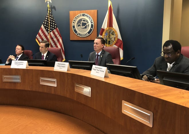 The Manatee County Legislative Delegation met in Bradenton Wednesday. From right to left: state Rep. Wengay Newton, state Rep. Tommy Gregory, state Rep. Will Robinson and state Sen. Bill Galvano. [Herald-Tribune staff Photo / Zac Anderson]