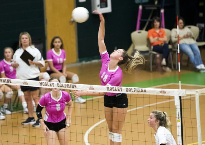 Mosley's Ragan Kinard spikes the ball over the net during Tuesday's game against Niceville in Lynn Haven. The Dolphins won in five sets: 25-17, 24-26, 25-23, 25-27, 15-0 to improve to 11-9 on the season. [JOSHUA BOUCHER/THE NEWS HERALD]
