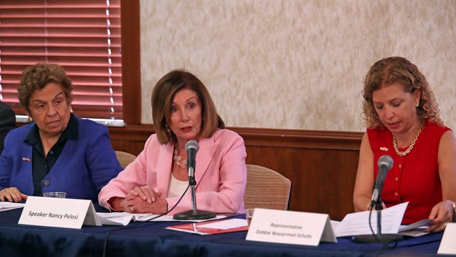 Speaker of the House Nancy Pelosi, center, joins Rep. Debbie Wasserman Schultz, right, and Rep. Donna Shalala for a discussion about efforts to peacefully transition to democracy in Venezuela and the effect on Venezuelans living in South Florida, Thursday, Oct. 3, 2019 in Weston, Fla. [John McCall/Sun Sentinel/TNS]