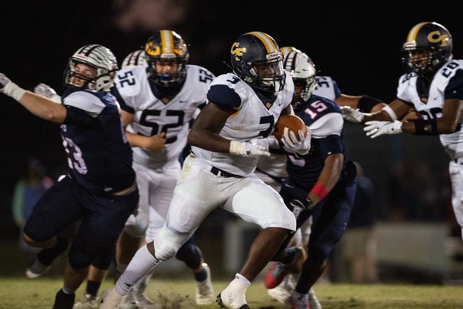 Caydan McKethan leads a strong ground game for Cape Fear. He scored three touchdowns in Saturday's win against Overhills. [Andrew Craft/The Fayetteville Observer File Photo]