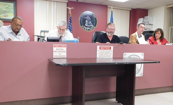 From left are Herkimer Village Trustees Max Dhaniram and Ronald Kopelman, Mayor Mark Netti and Trustees Mark Ainsworth and Maria Fiorentino during a meeting Wednesday. [DONNA THOMPSON/TIMES TELEGRAM]