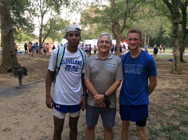 Isaiah Washington, Coach Steve McCachren and Caleb Barnes are shown here at Saturday's meet. [Photo courtesy of Cleveland Community College.]