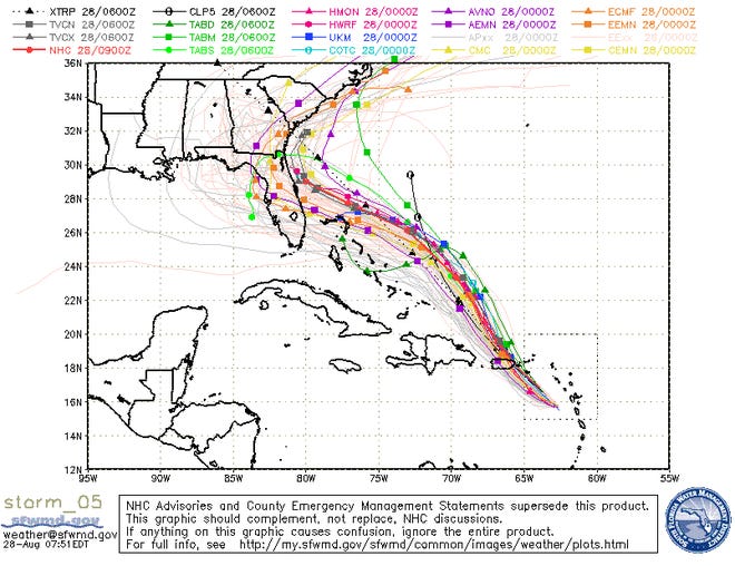 A so-called “spaghetti model" track map for Hurricane Dorian from Aug. 28. [SOUTH FLORIDA WATER MANAGEMENT DISTRICT]