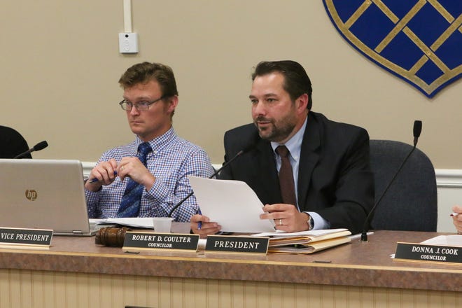 Vice President Justin Katz, left, and President Robert D. Coulter at a recent Tiverton Town Council meeting. Both are the subject of a recall attempt in town. [MEREDITH BROWER PHOTO]