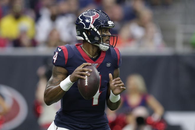 Houston Texans quarterback Deshaun Watson (4) looks to throws against the Carolina Panthers during the first half of a game Sept. 15, 2019, in Houston. (AP Photo/Michael Wyke)