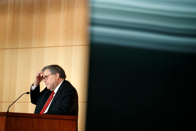 Attorney General Barr William Barr pauses as he speaks at the Securities and Exchange Commission (SEC) Criminal Coordination Conference, Thursday, Oct. 3, 2019, at the SEC in Washington. (AP Photo/Jacquelyn Martin)