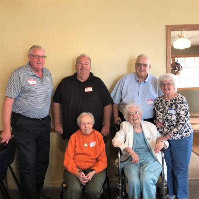 Pictured at the Wooster Highway School Reunion are: Front row — Beverly Hammerstrom (left) and

Kathryn King Gardner Weber. Back row — Jon Graef (left), Dave Graef, Ray Rieger and Harriet Mann Kuhn. The Graefs had Hammerstrom as a teacher, and Rieger and Kuhn had Weber as a teacher.