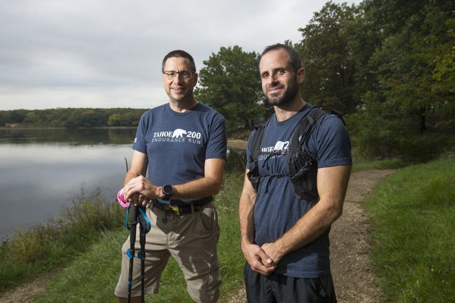 Greg Bruno of Belvidere, left, and John Papiernik of Loves Park pose for a portrait where they usually train for ultra marathons Tuesday, Oct. 1, 2019, at Rock Cut State Park in Loves Park. The pair recently finished the Tahoe 200 Endurance Run in Nevada. [SCOTT P. YATES/RRSTAR.COM STAFF]