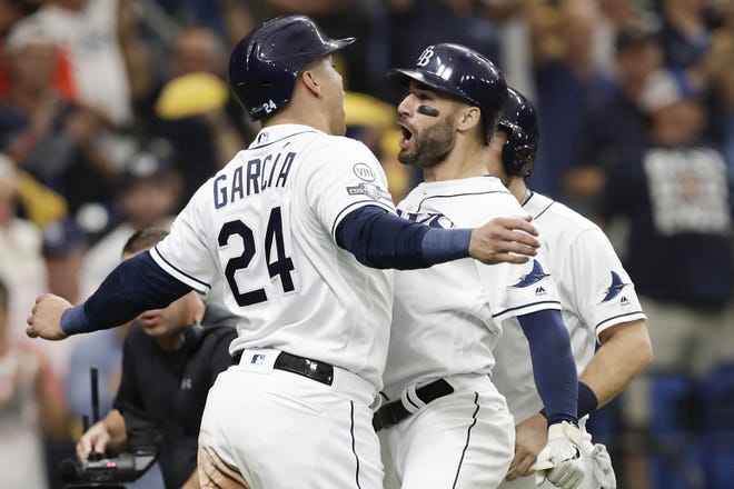 Tampa Bay Rays' Kevin Kiermaier, right, celebrates his 3-run home run in the second inning against the Houston Astros with Avisail Garcia (24) during Game 3 of the American League Division Series on Monday in St. Petersburg. the Rays won 10-3. [The Associated Press / Chris O'Meara]