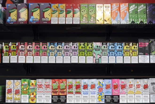 The Smoke Hub shelves in Hyannis before clearing vape products due to temporary ban on the products.
