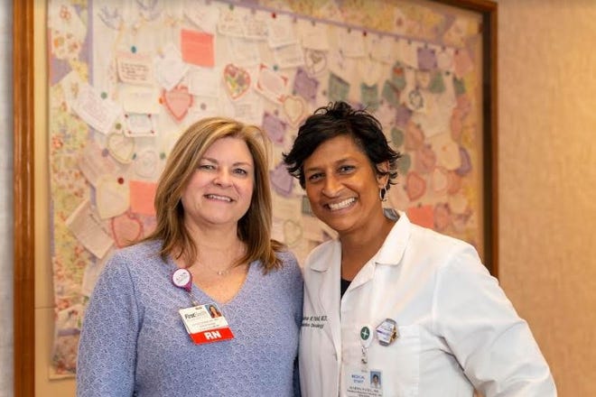 Lynn Lanier, MSN, R.N., ONN-CG, oncology nurse navigator, and Sushma Patel, M.D., radiation oncologist, of the FirstHealth Cancer Care team. [CONTRIBUTED PHOTO]
