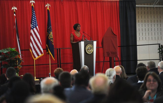Olympian Joetta Clark Diggs speaks during the 2016 Dr. Martin Luther King Jr. Celebration Breakfast at East Stroudsburg University Monday. [POCONO RECORD FILE PHOTO]