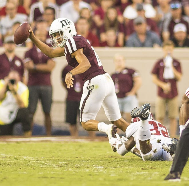 Texas A&M quarterback Kellen Mond has 1,333 passing yards this season, which ranks third in the SEC behind LSU's Joe Burrow (first with 1,864) and Alabama's Tua Tagovailoa (second with 1,718). [File photo]
