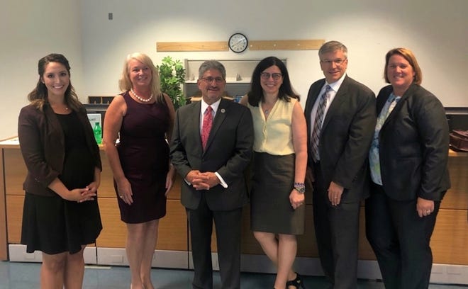 Community leaders were in attendance at the Oct. 2 launch of the Fitchburg Satellite Probate and Family Court — including, from left, Register of Probate Stephanie K. Fattman; Worcester Northern Register of Deeds Kathleen R. Daigneault, Fitchburg Mayor Stephen DiNatale, Assistant Clerk Magistrate Carol Vittorioso, North County Bar Association President Vincent Pusateri and Worcester Register of Deeds Kate Toomey. [SUBMITTED PHOTO]