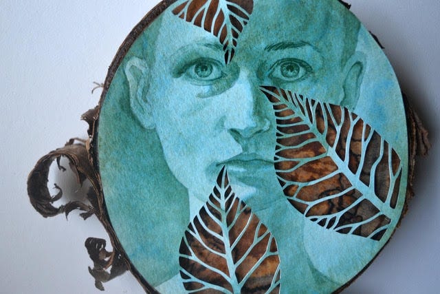 'The Green Left Us' by Heather Clements, mounted on a piece of a tree downed by the storm, is part of the 'Michael' exhibit opening Friday at Gulf Coast State College. [HEATHER CLEMENTS/CONTRIBUTED ARTWORK]
