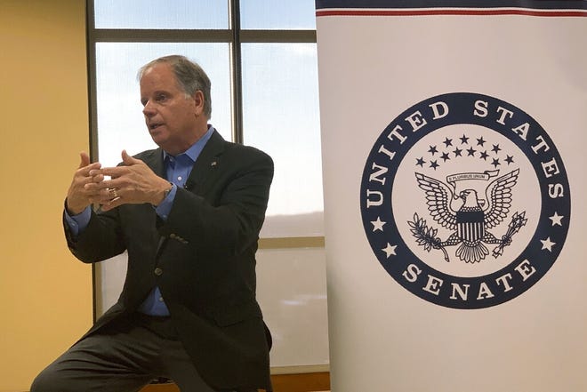 U.S. Sen. Doug Jones addresses the House impeachment inquiry of President Donald Trump during a Sept. 30, 2019 town hall on the campus of Wallace State Community College in Hanceville. [AP Photo/Kim Chandler]