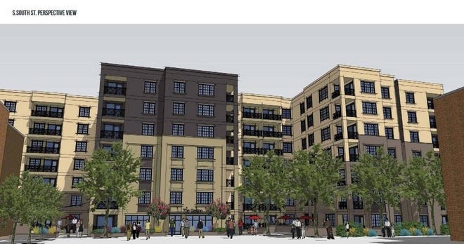 A rendering of the new Center City Crossing multi-family residential complex as it will appear from South Street in downtown Gastonia, on the end that will be seven stories high. [Kuester Development]