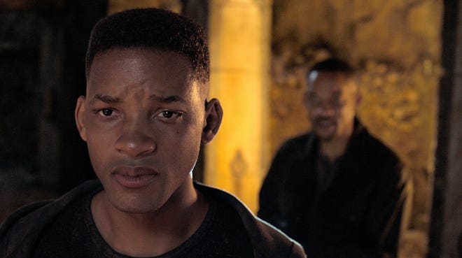 Will Smith as Junior, foreground, and Henry Brogan in "Gemini Man." [Paramount Pictures]