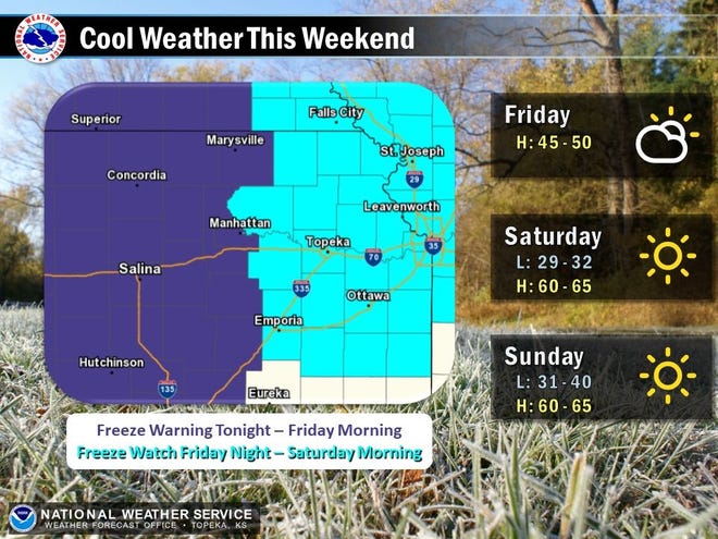 The National Weather Service put out this graphic identifying areas it had put under a freeze watch and a freeze warning. [National Weather Service]