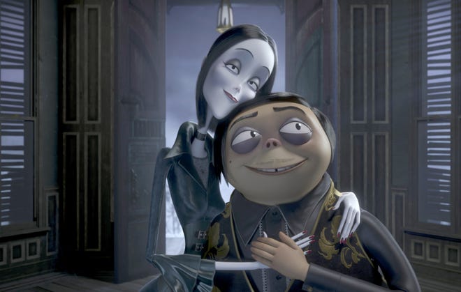 Morticia Addams (voice of Charlize Theron) and Gomez Addams (voice of Oscar Isaac) appear in "The Addams Family." [Metro Goldwyn Mayer Pictures]