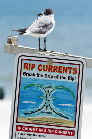 A sign warning of possible rip currents and how to deal with them near the Jacksonville Beach Fishing Pier Monday, July 22, 2019. [Bob Self/Florida Times-Union]