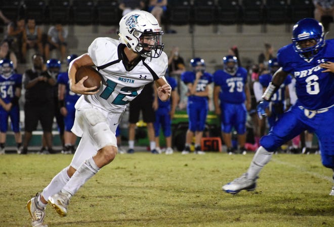 Destin's Harrison Orr rushed for 79 yards, plus had a 70-yard kickoff return for a touchdown, against the Pryor Pirates. Orr also completed four passes for 134 yards. Orr also had a catch for a 64-yard score. [TINA HARBUCK/THE LOG]