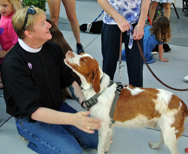 Rev. Tom Reeder blessed Pete the Springer Spaniel at the Christ Episcopal Church Preschool's Blessing of the Pets. [PHOTOS BY JACKIE ROONEY/FOR SHORELINES]