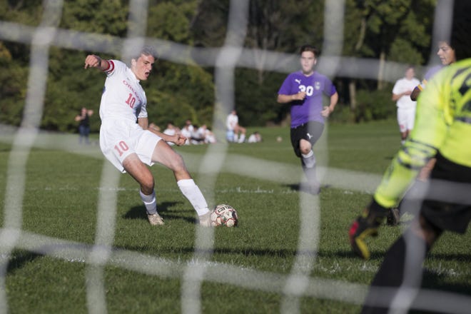 Oregon's forward Josh Sitze shoots on goal in game action against Rockford Lutheran Tuesday, Oct. 8, 2019, at Rockford Lutheran Schools in Rockford. [SCOTT P. YATES/RRSTAR.COM STAFF]