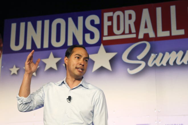 Former Housing and Urban Development Secretary and Democratic presidential candidate Julian Castro speaks at the SEIU Unions For All Summit on Friday, Oct. 4, 2019, in Los Angeles. (AP Photo/Ringo H.W. Chiu)