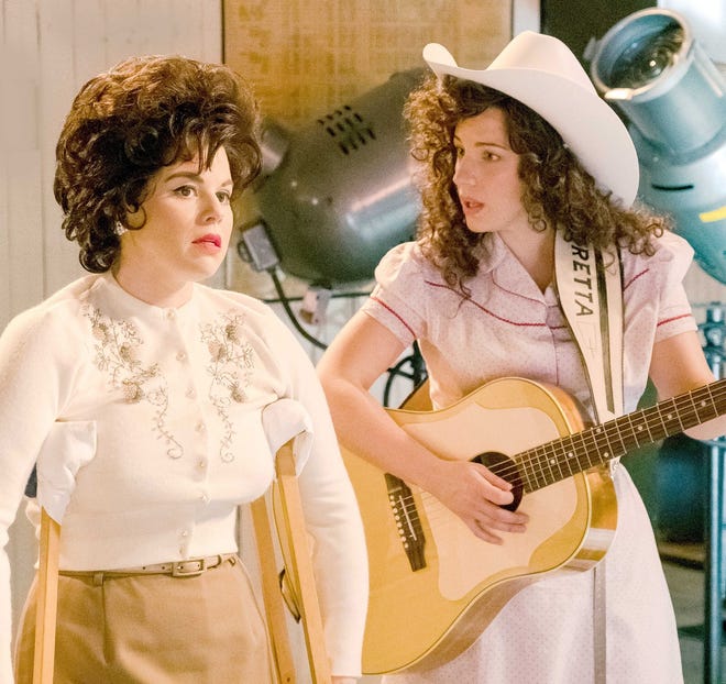 Megan Hilty, left, plays singer Patsy Cline and Jessie Mueller plays Loretta Lynn in Lifetime's feature movie, "Patsy & Loretta." [Jake Giles Netter]