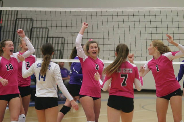 Van Meter volleyball celebrating a point during the three-set win over West Central Valley Monday, Oct. 14. PHOTO BY ANDREW BROWN/DALLAS COUNTY NEWS