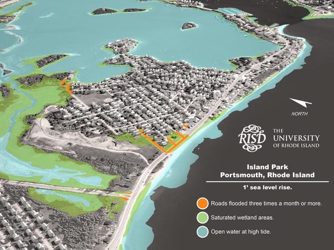 A visualization of Island Park showing the effects of 1 foot of sea level rise such as expanded wetland areas and regularly flooded roadways. [PETER STEMPEL AND ANYA DROZD/R.I. SCHOOL OF DESIGN]