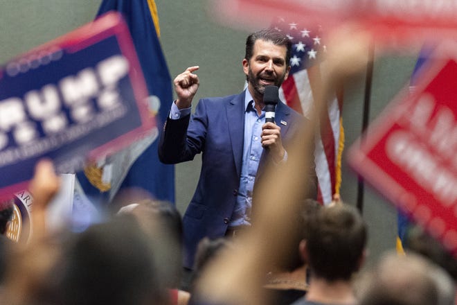 Donald Trump Jr speaks at a Louisiana GOP rally in Lafayette, La,m for both Republican gubernatorial candidates. Monday, Oct. 7, 2019. (Scott Clause/The Daily Advertiser via AP)