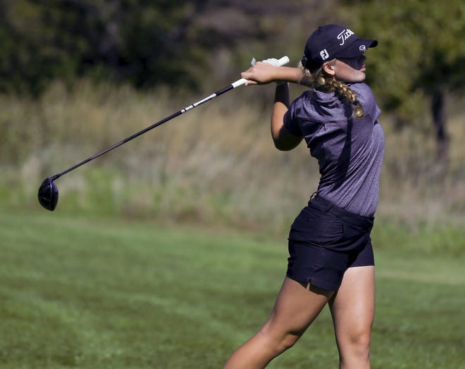 Seaman's Lois Deeter shot even par on the front nine at Cypress Ridge Golf Course during Monday's Class 5A regional, but saw a shaky back nine lead to an 81 and runner-up finish. [Brent Maycock/The Capital-Journal]