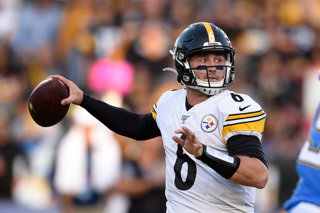 Pittsburgh Steelers quarterback Devlin Hodges passes during the first half of an NFL football game against the Los Angeles Chargers, Sunday, Oct. 13, 2019, in Carson, Calif. (AP Photo/Kelvin Kuo)