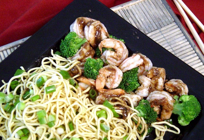 Five-spice shrimp with Chinese noodles [Linda Gassenheimer/Tribune News Service]