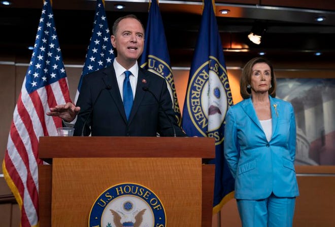 House Intelligence Committee Chairman Adam Schiff, D-Calif., with House Speaker Nancy Pelosi, D-Calif., at a news conference on Wednesday.