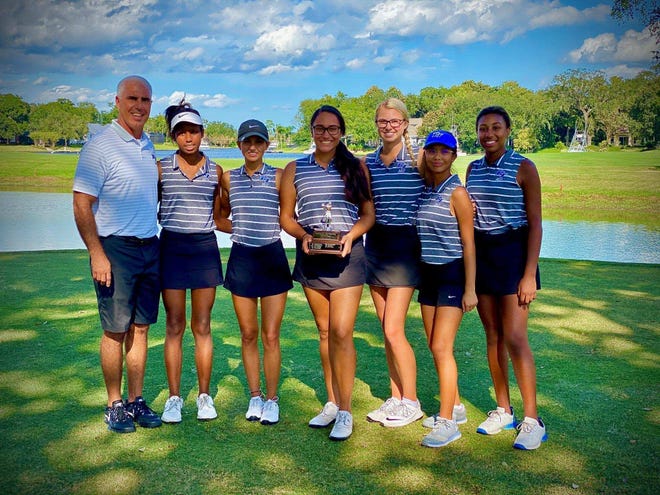 Bartram Trail won the District 3-3A girls golf tournament on Wednesday afternoon in Jacksonville. From left: Head coach Tony Sowers, Taylar Paige, Kenzie Heba, Elizabeth Kondal,Ashley Huffman,Helena Rios and Madison Paige. [Contributed]