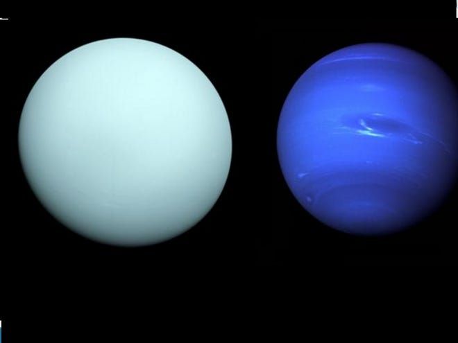 From left are pictures of the planets Uranus and Neptune, placed next to each other for comparison. Uranus is about four times the width of Earth. [CC BY-SA 4.0 (https://creativecommons.org/licenses/by-sa/4.0/deed.en), via Wikimedia Commons]