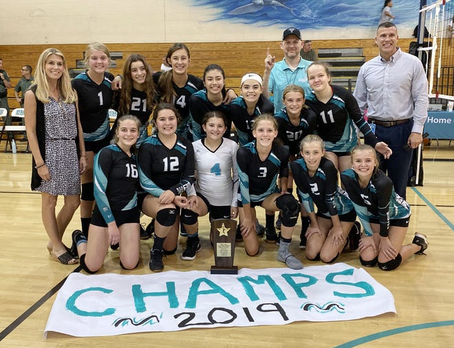 The Destin Marlins won the Class 1A Okaloosa County Championship in volleyball Wednesday evening with a 25-11, 25-10 win over Liza Jackson. Members of the championship team, bottom row from left, are Jessica Pierce, Kiersten Martin, Brooke Henderson, Blakely York, Kyla Buehner and Ashley Bouck. Back row from left are Coach Susie Pierce, Avery Spraggings, Lauren Rice, Anna Kimball, Ellaine Wolford, Ava Smith, Ashlyn Priest and Kay Cannon. Also pictured is assistant Coach Dani Karvonen and Destin Principal Grant Meyer. The Marlins finished the season 13-2. [TINA HARBUCK/THE LOG]