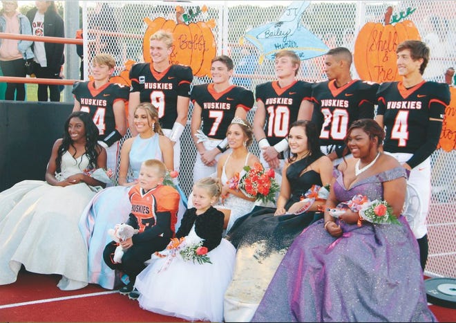 The Pawhuska Huskies celebrated Football Homecoming 2019 last Friday. Shown are, front row from left, Freshman Attendant Miya Curry, Junior Attendant Bobbi Walker, Homecoming Queen Bailey Henley, Senior Attendant Shelby Bute, and Sophomore Attendant Julianna Brown. Second row, from left, are Freshman Escort Jack Reed, Junior Escort Bryce Drummond, Queen Escort J.T. Waddle, Crowning Captain Hunter Reed, Senior Escort Tre Harper, and Sophomore Escort Dalton Hurd. Robert Smith/Journal-Capital