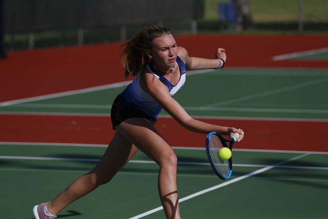 Manhatan freshman Jillian Harkin finished third in singles at the Class 6A state tennis meet Saturday at Kossover Tennis Center, capping a stellar year that saw her go 35-1. [Brent Maycock/Topeka Capital-Journal]