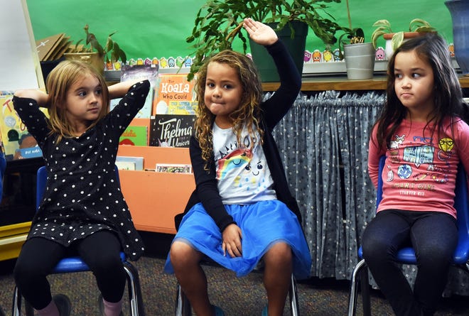 Peyton S., Gigi R. and Makenzie H, students at New Franklin School Elementary School in Portsmouth, participate in "Open Circle" on a Thursday morning, as part of a social and emotional learning curriculum.
[Deb Cram/Seacoastonline]