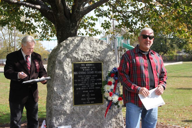 School Committee member Tom Khoury (right) speaks to those at Pulaski Park gathered to honor the late Brig. Gen. Casimir Pulaski during a ceremony organized by Army veteran and attorney Richard Urban (left). [Herald News Photo | Amanda Burke]