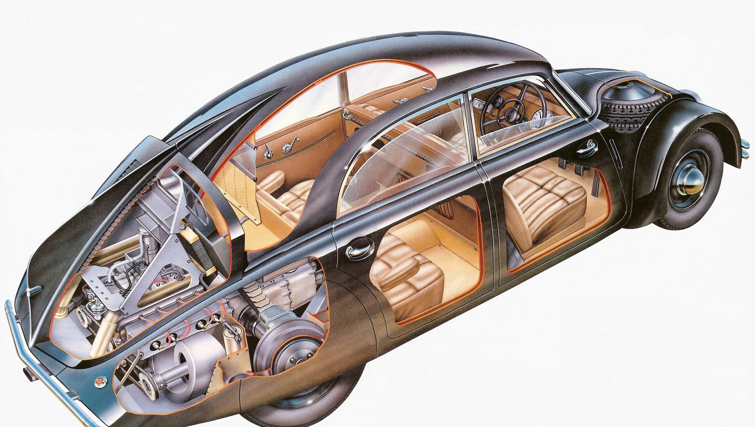 The 1934 Tatra T-77 featured a four-wheel independent suspension and V8 air cooled engine mounted in the rear. This cutaway image shows how very streamlined the T-77 was for its day and how much room was available to passengers. The person that designed this car also designed the German Zeppelins. [Tatra and FAVCars.com]