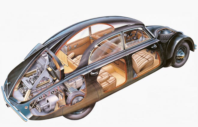 The 1934 Tatra T-77 featured a four-wheel independent suspension and V8 air cooled engine mounted in the rear. This cutaway image shows how very streamlined the T-77 was for its day and how much room was available to passengers. The person that designed this car also designed the German Zeppelins. [Tatra and FAVCars.com]