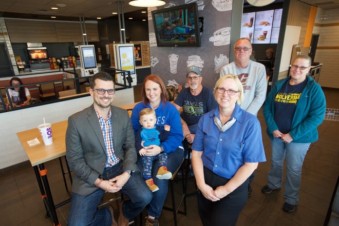 Lois Ganun, third from right, celebrates her retirement from McDonald’s with family Friday afternoon during a party in her honor at the South Main Street McDonald’s in Adrian. [Telegram photo by Vicki Schmucker]