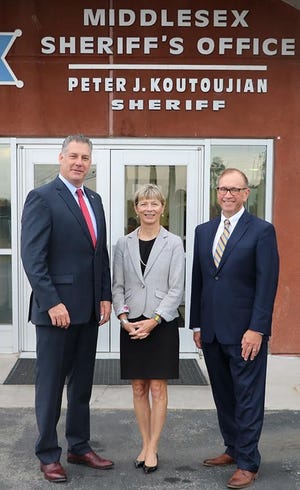 Pictured, from left: Middlesex Sheriff Peter Koutoujian; Office of Health and Human Services Secretary Marylou Sudders; and Scott Taberner, EOHHS special adviser for behavioral health care and criminal justice. [Courtesy Photo]