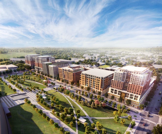 Work will begin in the spring on the first phase of the Scioto Peninsula development, just west of COSI Columbus. This view looks west. [Renderings courtesty of Columbus Downtown Development Corp.]